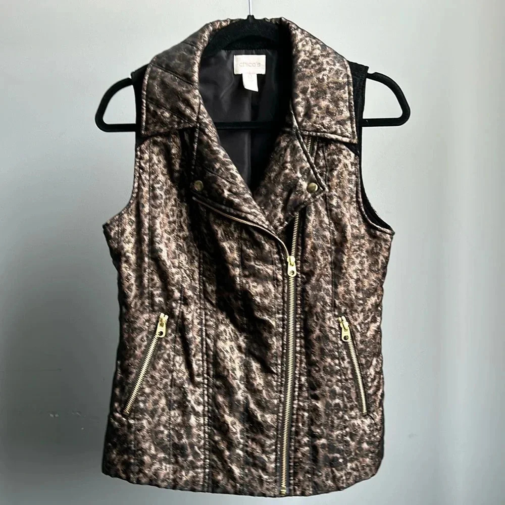 Chicoâs Womenâs Leopard Print Velveteen MixâInsulated Moto Metallic Vest
